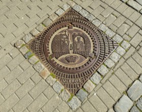 Canal cover Ulefos, coat of arms of Trondheim, Trondheim, Trøndelag, Norway, Scandinavia, Europe,