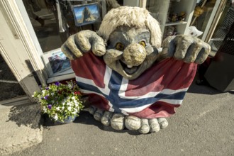 Troll figure with Norwegian flag, Trondheim, Trøndelag, Norway, Scandinavia, Europe, adventure