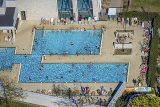Aerial view, saltwater pool, outdoor swimming pool and bathers, sun loungers, Werne, Ruhr area,
