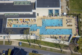 Aerial view, saltwater pool, outdoor swimming pool and bathers, sun loungers, Werne, Ruhr area,