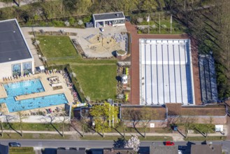 Aerial view, saltwater pool, outdoor swimming pool and bathers, sun loungers, Werne, Ruhr area,