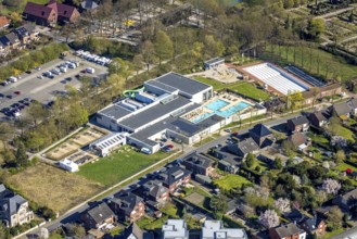 Aerial view, saltwater pool, outdoor swimming pool and bathers, sun loungers, Werne, Ruhr area,