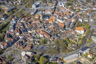 Aerial view, St. Christophorus Church and historic town hall on the market square in the old town,