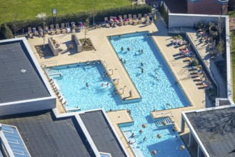 Aerial view, saltwater pool, outdoor swimming pool and bathers, sun loungers, Werne, Ruhr area,