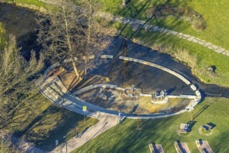 Aerial view, Werl spa gardens with water playground at the Salzbach river, Werl, Soester Börde,