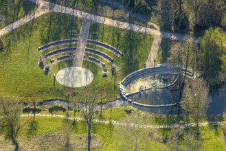 Aerial view, spa garden Werl with stage and water playground at the Salzbach river, Werl, Soester