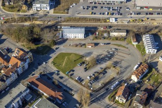 Aerial view, construction site construction work at Werl station, Werl, Soester Börde, North