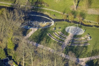 Aerial view, spa garden Werl with stage and water playground at the Salzbach river, Werl, Soester
