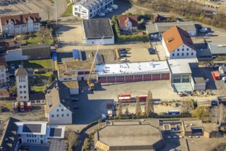 Aerial view, construction site roof works volunteer fire brigade, Werl, Soester Börde, North