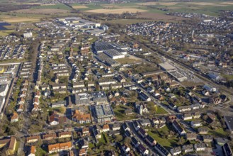 Aerial view, local view with construction site construction work at Werl railway station, shopping