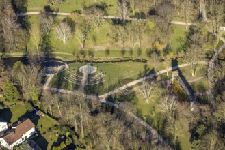 Aerial view, spa garden Werl with stage and water playground at the Salzbach river, Werl, Soester