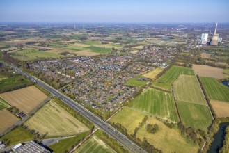 Aerial view, residential area, Stockum district with view to RWE Generation SE power plant