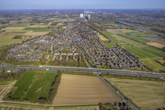 Aerial view, residential area, Stockum district with view to the WE Generation SE power plant