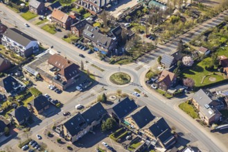 Aerial view, roundabout Werner Straße with maypole, Stockum, Werne, Ruhr area, North