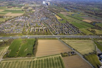 Aerial view, residential area, Stockum district with view to the WE Generation SE power plant