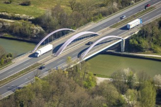 Aerial view, motorway bridge of the A1 over the Datteln-Hamm canal, district Herringen, Hamm, Ruhr