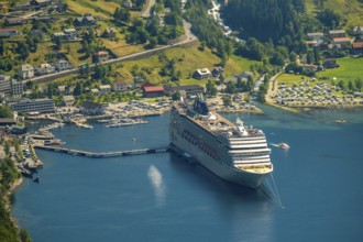 GeirangerFjord, view of Geiranger, ship MSC Orchestra at anchor, Møre og Romsdal, Norway,