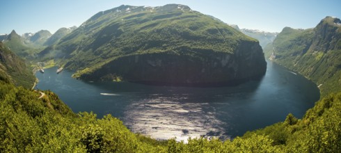 GeirangerFjord Loop, Geiranger town view, Queen Elisabeth and MSC Orchestra ship at anchor, Møre og