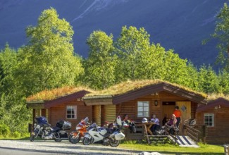 Biker meeting, camping cabins, Tafjord, Møre og Romsdal, Norway, Scandinavia, Europe, adventure