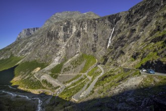 Trollstigen near Andalsnes, serpentines, hairpin bends, Stigfossen waterfall, Innfjorden, Møre og