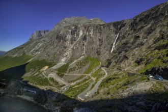 Trollstigen near Andalsnes, serpentines, hairpin bends, Stigfossen waterfall, Innfjorden, Møre og