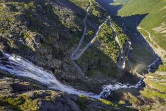 Trollstigen near Andalsnes, serpentines, hairpin bends, Stigfossen waterfall, Innfjorden, Møre og