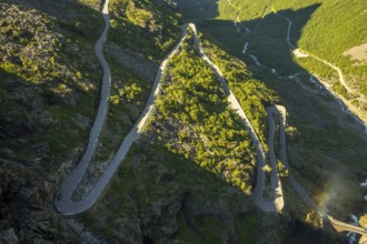 Trollstigen near Andalsnes, serpentines, hairpin bends, Stigfossen waterfall, Innfjorden, Møre og