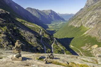 Trollstigen near Andalsnes, serpentines, Stigfossen waterfall, Innfjorden, Møre og Romsdal, Norway,