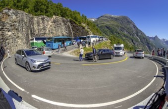 Gjerdefossen viewpoint, tourists, coaches, Geiranger, Møre og Romsdal, Norway, Scandinavia, Europe,