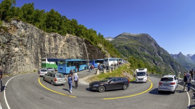 Gjerdefossen viewpoint, tourists, coaches, Geiranger, Møre og Romsdal, Norway, Scandinavia, Europe,
