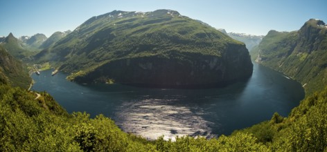 GeirangerFjord Loop, Geiranger town view, Queen Elisabeth and MSC Orchestra ship at anchor, Møre og
