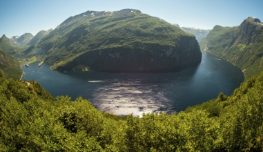 GeirangerFjord Loop, Geiranger town view, Queen Elisabeth and MSC Orchestra ship at anchor, Møre og