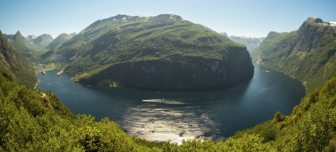 GeirangerFjord Loop, Geiranger town view, Queen Elisabeth and MSC Orchestra ship at anchor, Møre og