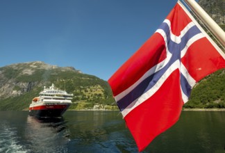 Ship MS Polarlys, Norwegian flag, Geiranger, Møre og Romsdal, Norway, Scandinavia, Europe,