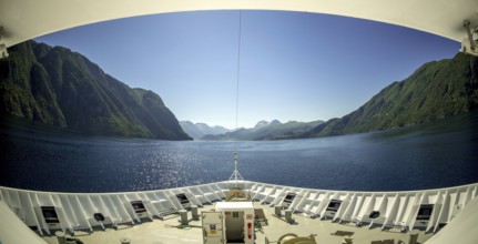 Panoramic view, bow, Storfjord, Stranda, Møre og Romsdal, Norway, Scandinavia, Europe, adventure