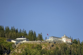 Fløyen, Fløien Folkerestaurant, lookout station over Bergen, mountain railway, white wooden