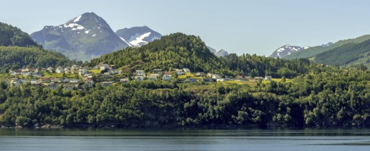 Panoramic view, fjord and mountain formations, Storfjord, Stranda town view, Møre og Romsdal,