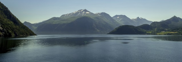 Panoramic view, fjord and mountain formations, Storfjord, Stranda, Møre og Romsdal, Norway,