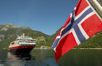 Ship MS Polarlys, Norwegian flag, Geiranger, Møre og Romsdal, Norway, Scandinavia, Europe,