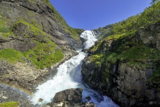 Kjosfossen waterfall, waterfall near Fureberget, rock faces, trees, sky, Flåm, Sogn og Fjordane,