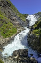 Kjosfossen waterfall, waterfall near Fureberget, rock faces, trees, sky, Flåm, Sogn og Fjordane,