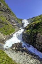 Kjosfossen waterfall, waterfall near Fureberget, rock faces, trees, sky, Flåm, Sogn og Fjordane,