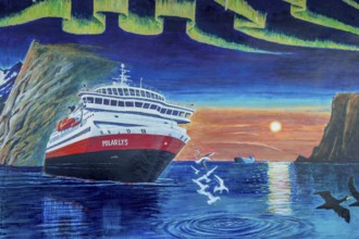 Painting cruise ship Polarlys, rocks, water, sky, sunset, seagulls, Bergen, Hordaland, Norway,