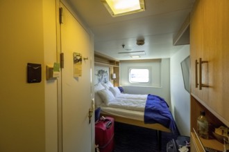 Cabin in cruise ship Polarlys, wolf picture, bed, window, Bergen, Hordaland, Norway, Scandinavia,