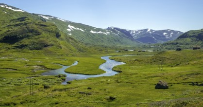 River outlets on green meadow, mountains, forest, snow peaks, sky, Myrdal, Sogn og Fjordane,