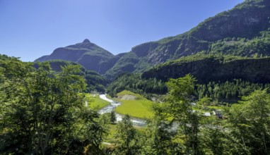 Travel by Flam Railway, iron railway journey, view from the Flåmsbana, Ryavegen, mountains,
