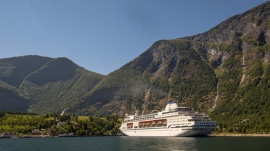 Excursion ship COLUMBUS, fjord, Nærøyfjorden, harbour, Stasjonsvegen, Varhaug, mountains, forests,