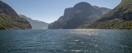 Fjord, Nærøyfjorden, Flåm, Gudvangen, mountains, trees, blue sky, Undredal, Sogn og Fjordane,
