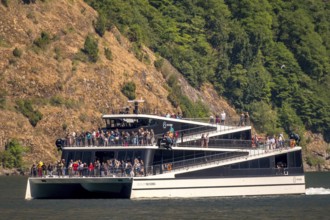 Catamaran, The Fjords, excursion boat, fjord, Nærøyfjorden, cliffs, trees, Styvi, Sogn og Fjordane,