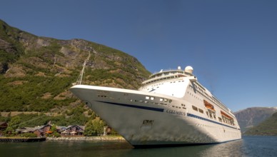 Excursion ship COLUMBUS, fjord, Nærøyfjorden, harbour, Stasjonsvegen, Varhaug, mountains, forests,